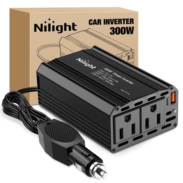 Nilight 300W Power Inverter 12V DC to 110V AC Car Converter with PD 65W USB C & QC3.0 for Phones Tablets Laptop Computer Game Console Kindle iPad DVD Players Black