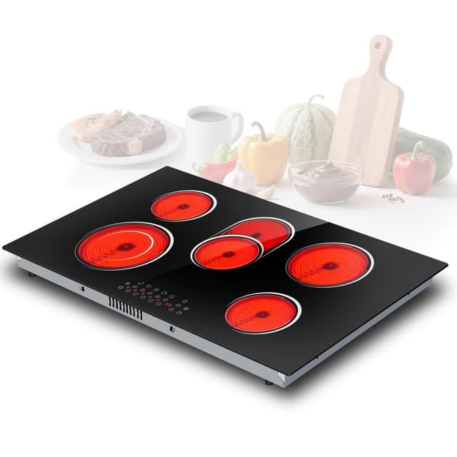 Electric Cooktop 36 Inch,5 Burner Electric Stove Top with Knob Control, 8400W Built-in Radiant Electrical Cooktop, 9 Power Levels, Hot Warning, 220V Hard Wire(No Plug)
