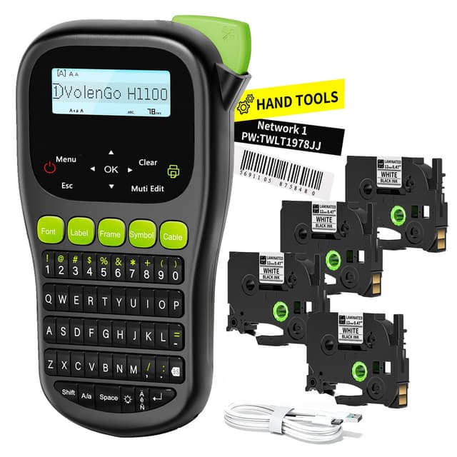 VolenGo Label Maker Machine with 4 Tapes, Wire Label Maker Waterproof-Labels, Laminated Handheld Label Printer, Backlit & Portable & One-Touch Key, H1100 Labeler for Industrial Office Organization