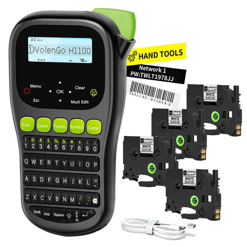 VolenGo Label Maker Machine with 4 Tapes, Wire Label Maker Waterproof-Labels, Laminated Handheld Label Printer, Backlit & Portable & One-Touch Key, H1100 Labeler for Industrial Office Organization