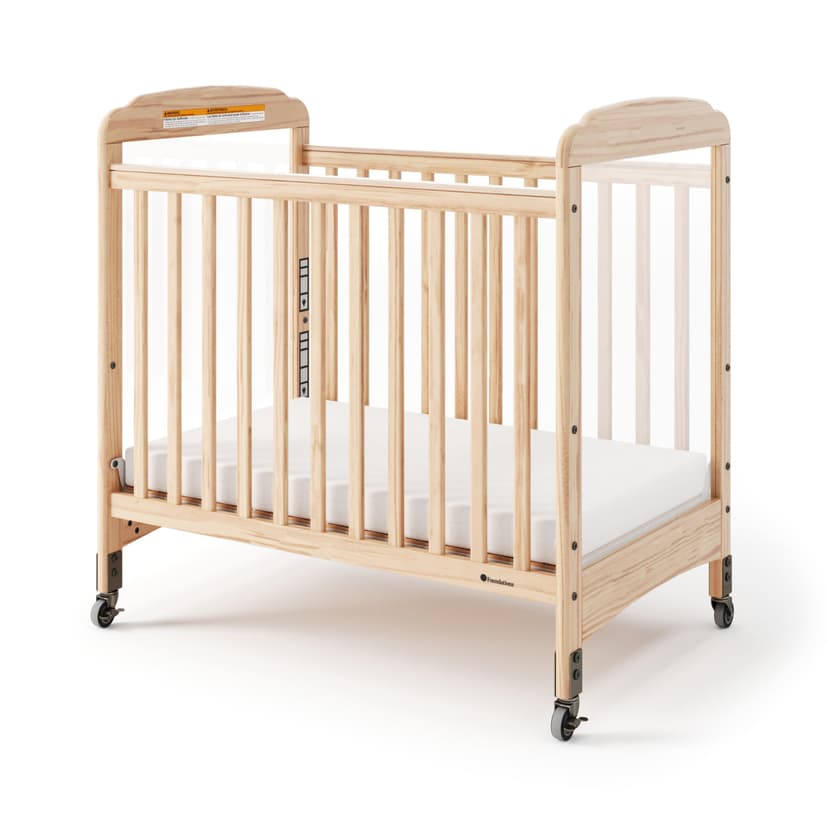 Foundations Serenity Compact Clearview Daycare Crib, Fixed Side, Durable Wood Construction, Adjustable Mattress Board, Clear End Panels. Includes 3” InfaPure Foam Mattress (Natural)