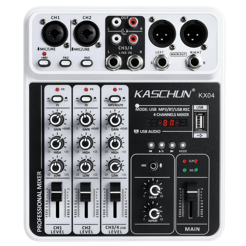 Professional 4-Channel DJ Audio Mixer, Bluetooth Sound Board with USB MP3 Input & 48V Phantom Power for Karaoke, Podcasting, Live Streaming & Home Recording