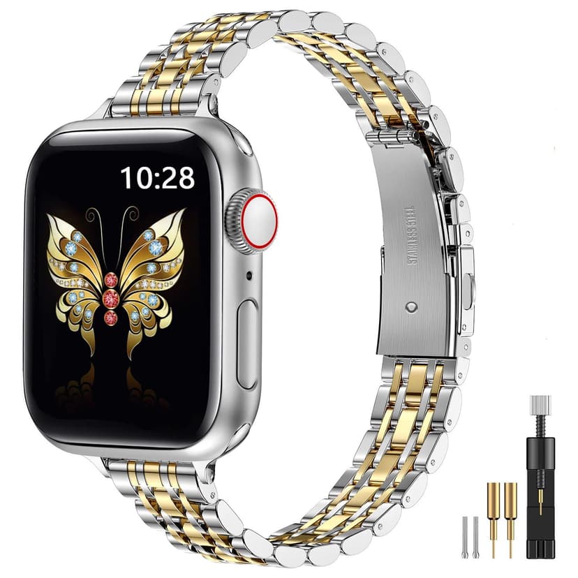 MioHHR Slim Metal Band Compatible with Apple Watch Band 42mm(Series 11 10) 41mm(Series 9 8 7) 40mm(Series 6 5 4 SE3/2/1) 38mm(Series 3 2 1),Stainless Steel iWatch Bands for Women,Silver/Gold