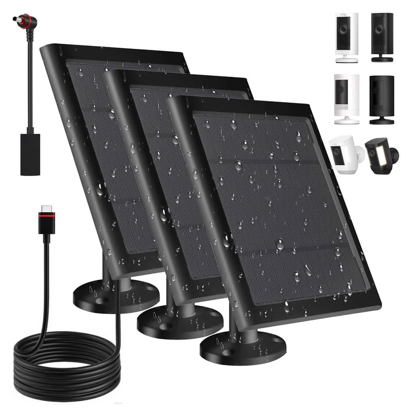 Solar Panel for Ring Camera(2nd Generation) Dustproof Waterproof 5W Solar Panel with 10FT/3M Long Cable for Stick Up & Pro Spotlight Cam Battery for Security Camera 3 Pack-BK