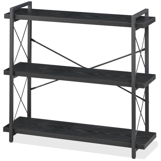 HCHQHS Bookshelf, 3-Tier Industrial Bookcase, Black Open Book Shelf, Freestanding Horizontal Bookshelves with Metal Frame