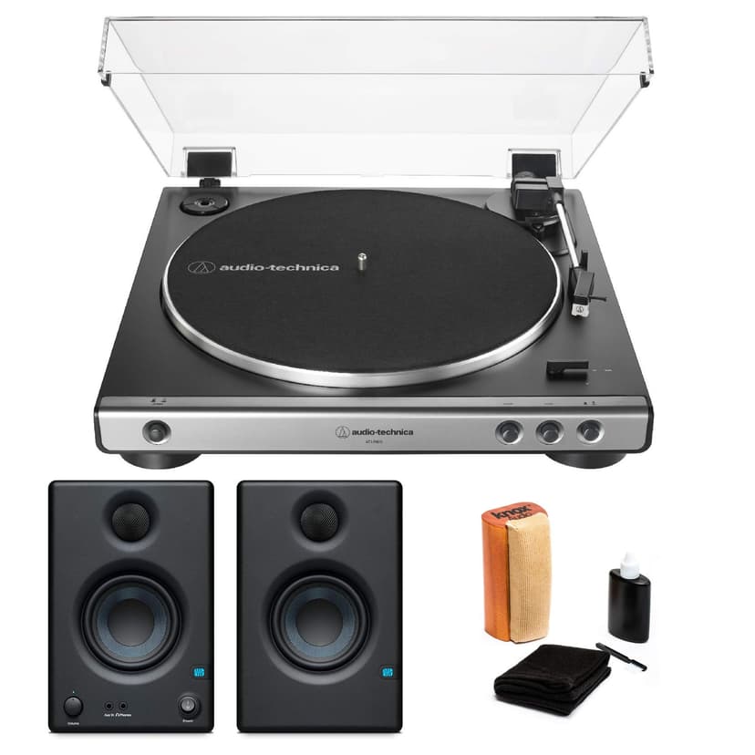 Audio-Technica AT-LP60X Gunmetal Fully Automatic Belt-Drive Stereo Turntable Bundle with Studio Monitor Pair and Vinyl Record Care System Package (3 Items)