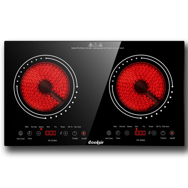 Cooksir 2 Burner Electric Cooktop - 24 Inch(23.6"x 13.8") Built-in & Countertop Electric Stove Top, 120V Double Burner Ceramic Cooktop Portable with Safety Lock, Timer, Touch Control, 110V Plug in