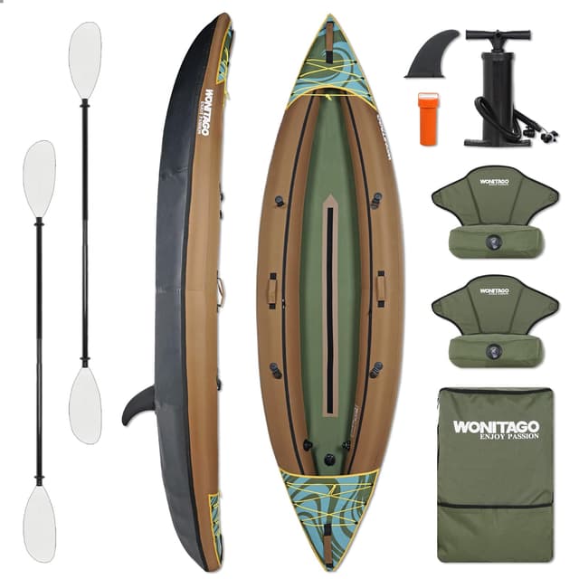 WONITAGO Inflatable Kayak, Recreational Touring Kayak with Adjustable Kayak Paddle, Hand Pump and Carrying Bag, 2 Person, Brown