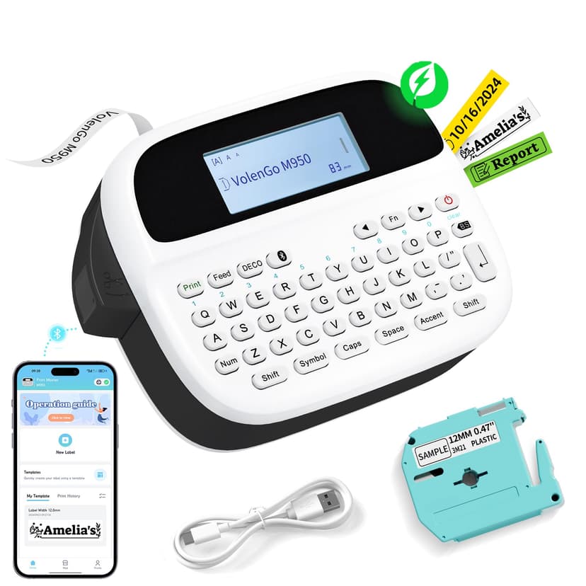 VolenGo Label Maker Machine with-Tape, Rechargeable Label Maker Waterproof-Labels, Backlit Bluetooth Labeler, M950 12mm Portable Labeling Maker for Home Organization Office School Teacher Supplies