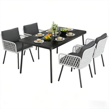 GarveeLife 5 Piece Patio Dining Set, Outdoor All-Weather Wicker Furniture with Table, Patio Conversation Sets with Cushions for Balcony, Garden, Sunroom, Porch (4 Chairs+ Big Table)