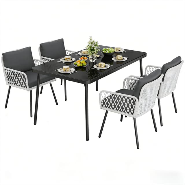 GarveeLife 5 Piece Patio Dining Set, Outdoor All-Weather Wicker Furniture with Table, Patio Conversation Sets with Cushions for Balcony, Garden, Sunroom, Porch (4 Chairs+ Big Table)