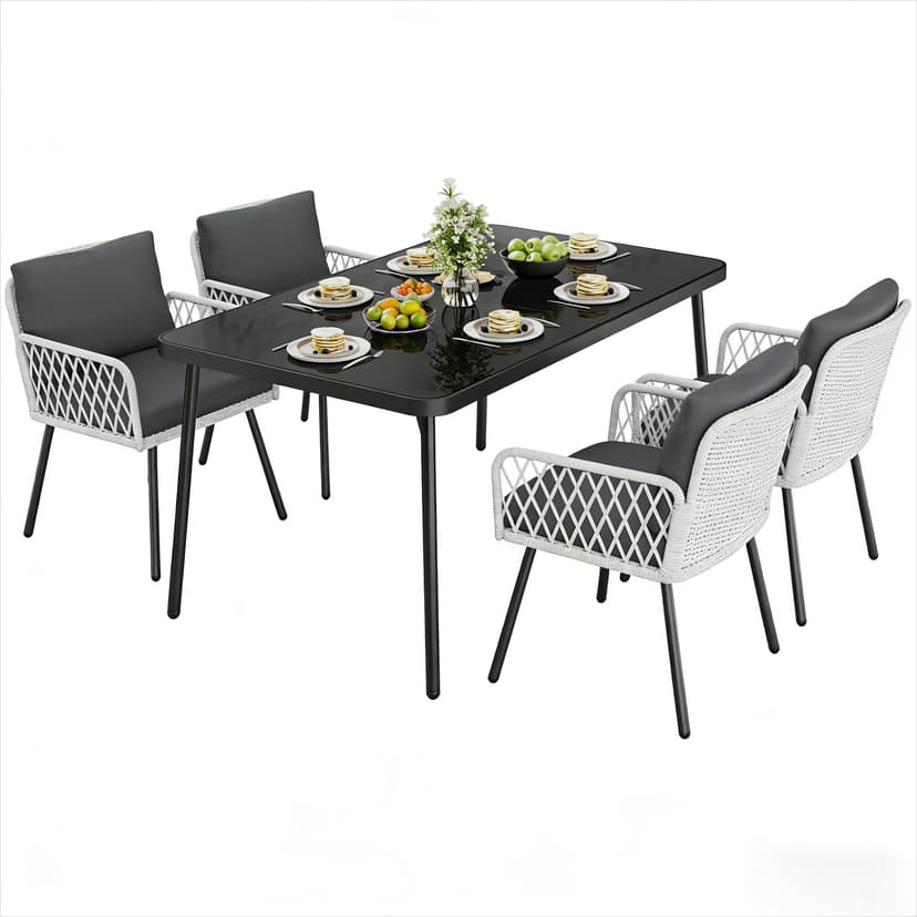 GarveeLife 5 Piece Patio Dining Set, Outdoor All-Weather Wicker Furniture with Table, Patio Conversation Sets with Cushions for Balcony, Garden, Sunroom, Porch (4 Chairs+ Big Table)