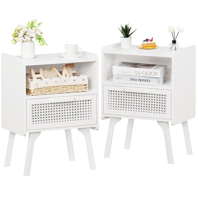 Lerliuo Rattan Nightstands Set of 2, Side Table with Drawer Open Shelf, Cane Accent Bedside End Table with Solid Wood Legs, Mid Century Modern Night Stand for Bedroom, Dorm and Small Spaces (White)