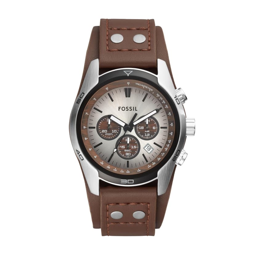 Fossil Men's Watch, Coachman Quartz Stainless Steel and Chronograph Leather Watch for Men, Color: Silver, Brown
