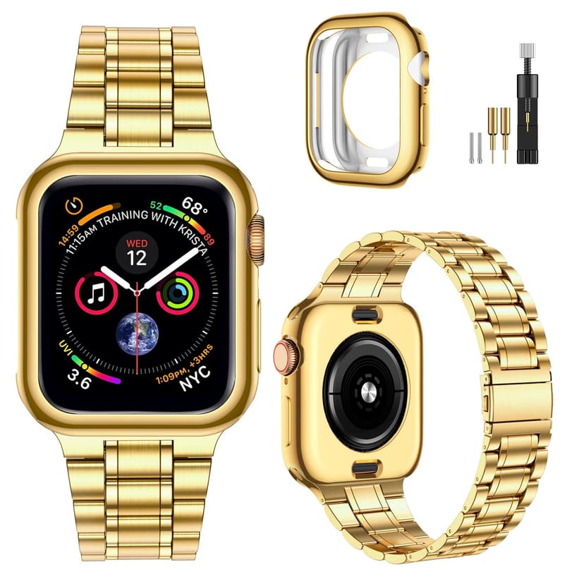 MioHHR Solid Stainless Steel Band Compatible with Apple Watch 46mm (Series 11 10), Metal Strap with Soft TPU Case for iWatch Series 11/10 46mm Women and Men, Gold