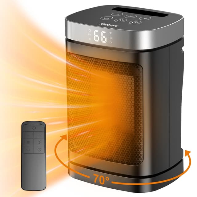 Small Portable Space Heater for Indoor Use - with 70°Rotating Feature, JIBUFI 1500W PTC Electric Heater, Rapid and Safe Heating, Remote Control, 1-12 Hr Timer for Bedroom, Office