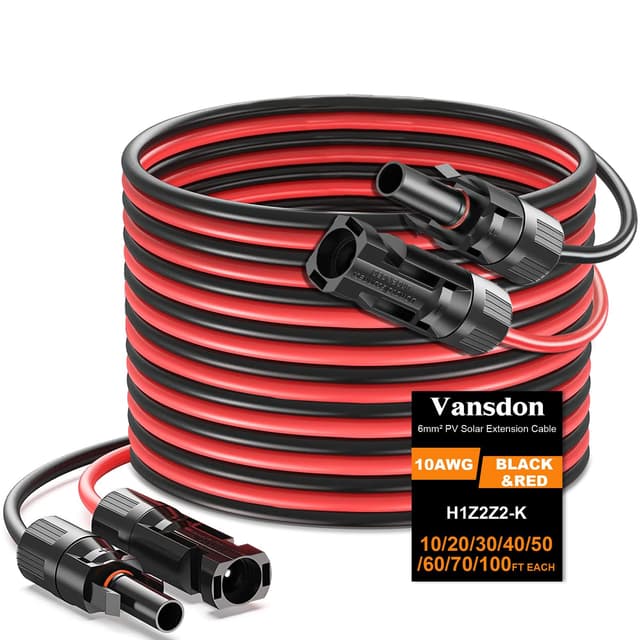Vansdon 2x20 Feet Solar Panel Extension Cable, 10AWG Solar Cable, Solar Panel Cable with Female and Male Waterproof Connectors for RV, Photovoltaic Systems (20FT Red + 20FT Black)