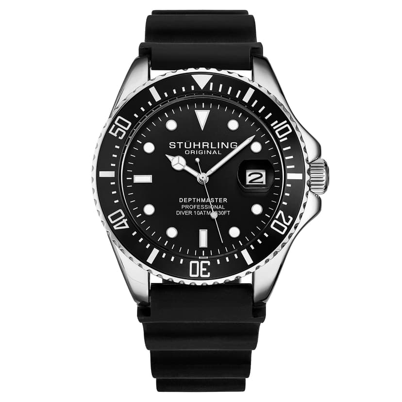 Stuhrling Original Men's Watch Dive Watch Silver 42 MM Case with Screw Down Crown Rubber Strap Water Resistant to 330 FT (Black)