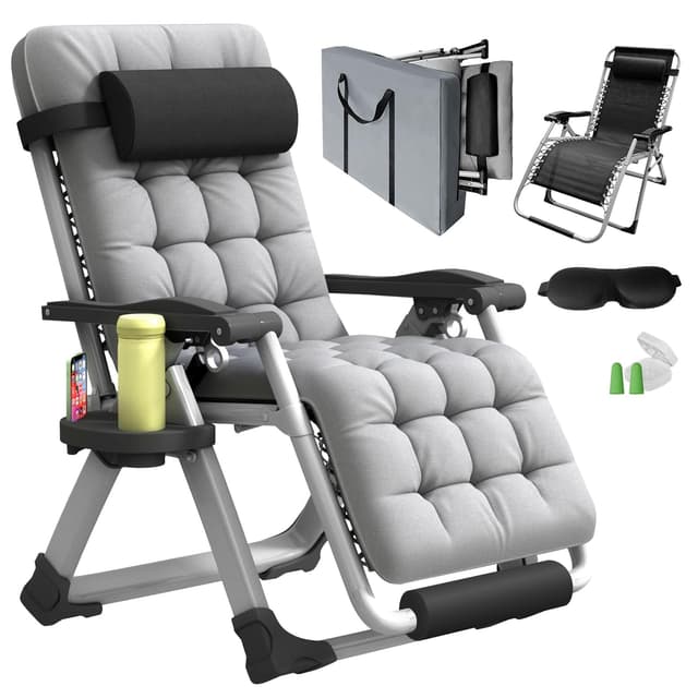 Oversized Zero Gravity Chair XL, 29In Padded Lounge Recliner Camping Chair with Removable Cushion, Adjustable Headrest, Storage Bag, Footrest, Cup Holder & Full Aluminum Lock, Supports 450 lbs, Gray
