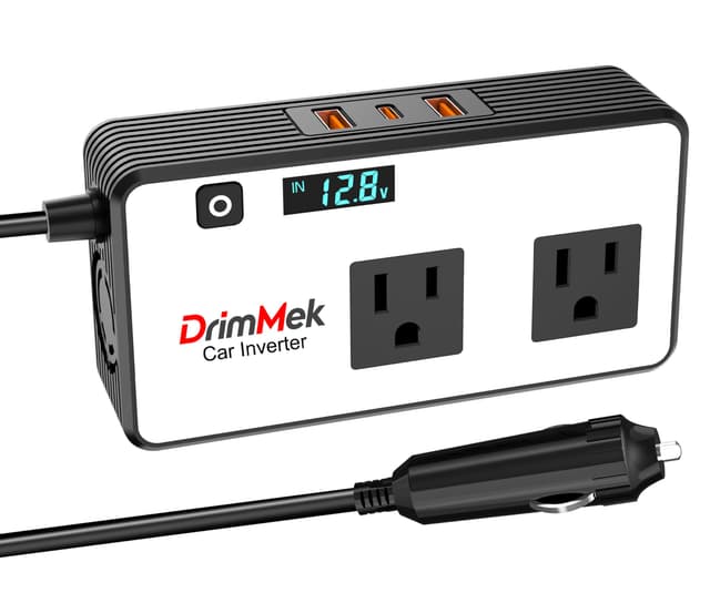 DrimMek 200W Car Power Inverter, Car Plug Adapter Outlet 12V to 110V Converter with 24W USB Fast Charging Port, Dual AC Outlet for Laptop, Vehicles, Camping (LED Display)