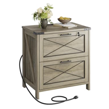 DEVAISE Lateral File Cabinet with Lock, 2 Drawers & Charging Station, Farmhouse Wood Printer Stand with Large Storage, Fits A4/Letter/Legal Hanging Files, Gray Oak