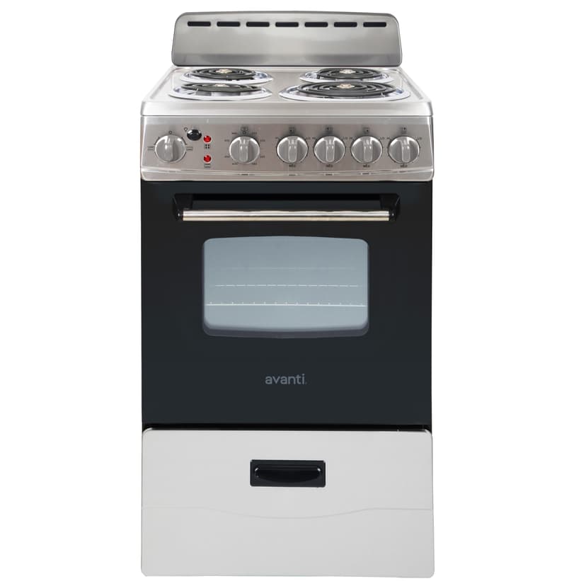 Avanti Electric Range Oven Compact Design, 2.1-Cu.Ft. Capacity with 4 Coil Burners, Framed Glass Oven Door, Storage Drawer and Broiler with Pan Perfect for Apartments, 20-Inch, Stainless Steel