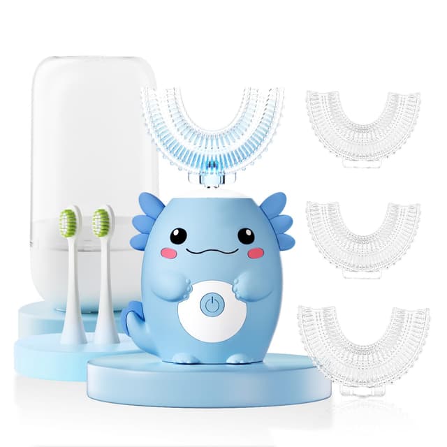 ELOTAME Kids Electric U Shaped Toothbrush - Axolotl Kids Cartoon Sonic Automatic Toothbrush with 6 Brush Heads Full Mouth 6 Cleaning Modes - Age2-15 Blue