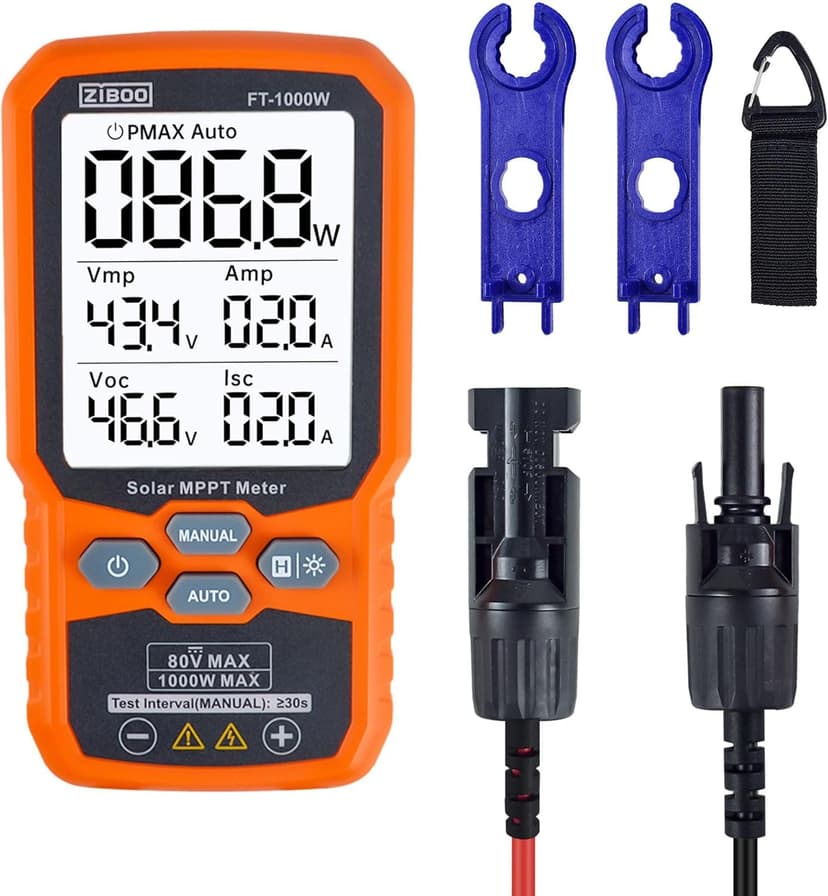 ZIBOO FT-1000W Solar Panel Tester MPPT Meter - 1000W Max Power, 80V/35A PV Module Tester for Voc/Isc, Open Circuit Voltage & Short Circuit Current, with Backlight & Data Hold
