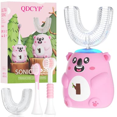 QDCYP Kids U Shaped Electric Toothbrush, Automatic 360° Sonic Cleaning, 6 Modes, 4 Brush Heads, Cute Cartoon Koala Design (2-6 Age (Pink))