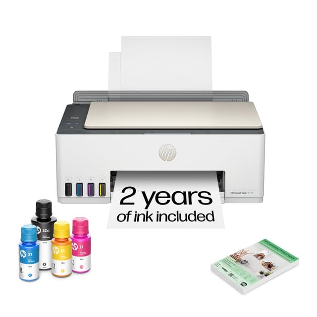 HP Smart Tank 5103 Wireless All-in-One Ink Tank Printer, Scanner,2 Years of Ink, 100 Sheets of Photo Paper Included, Cartridge-Free, Refillable, AI-Enabled (5D1B2A)