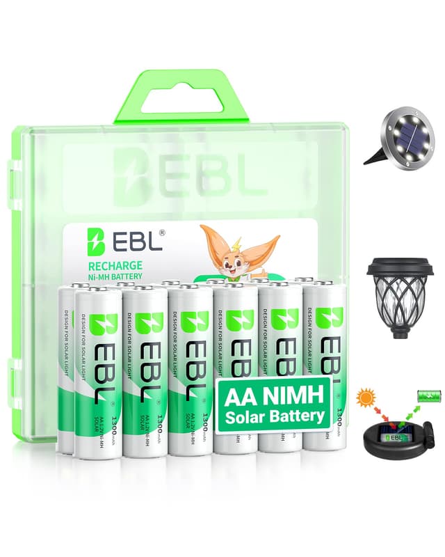 EBL Solar AA Battery Rechargeable Batteries for Outdoor Solar Lights, 1300mAh NIMH Pre-Charged 1.2V Recharge up to 1200x Times for Garden Landscaping String Lights, Pack of 12