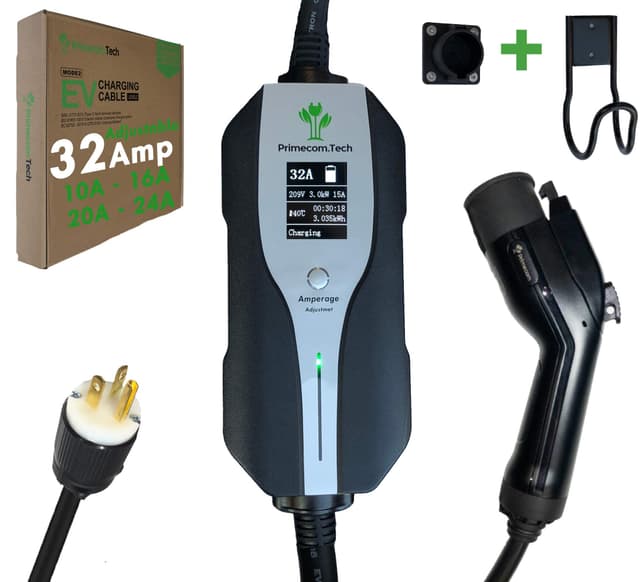 Primecom.Tech Level 2 Electric Vehicle (EV) Charger Amperage Adjustable (10Amp - 16Amp - 20Amp - 24Amp - 32Amp) 30Ft Cable EVSE Plug-in Hybrid (30 FT, 6-20P)