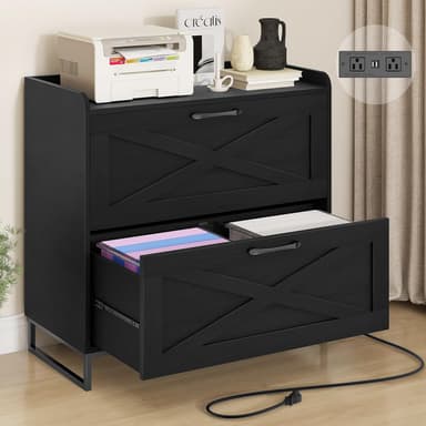 Halitaa Lateral File Cabinet with Charging Station, 2 Drawer File Cabinet for Letter/Legal/A4 Size Hanging Files, Large Wood File Storage Cabinets Printer Stand for Home Office, Black