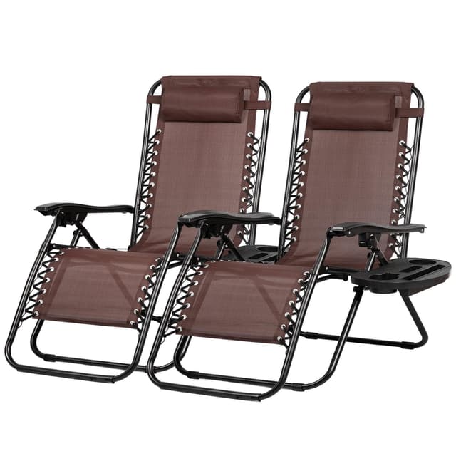Nazhura Set of 2 Relaxing Recliners Patio Chairs Adjustable Steel Mesh Zero Gravity Lounge Chair Beach Chairs with Pillow and Cup Holder Khaki (Brown)