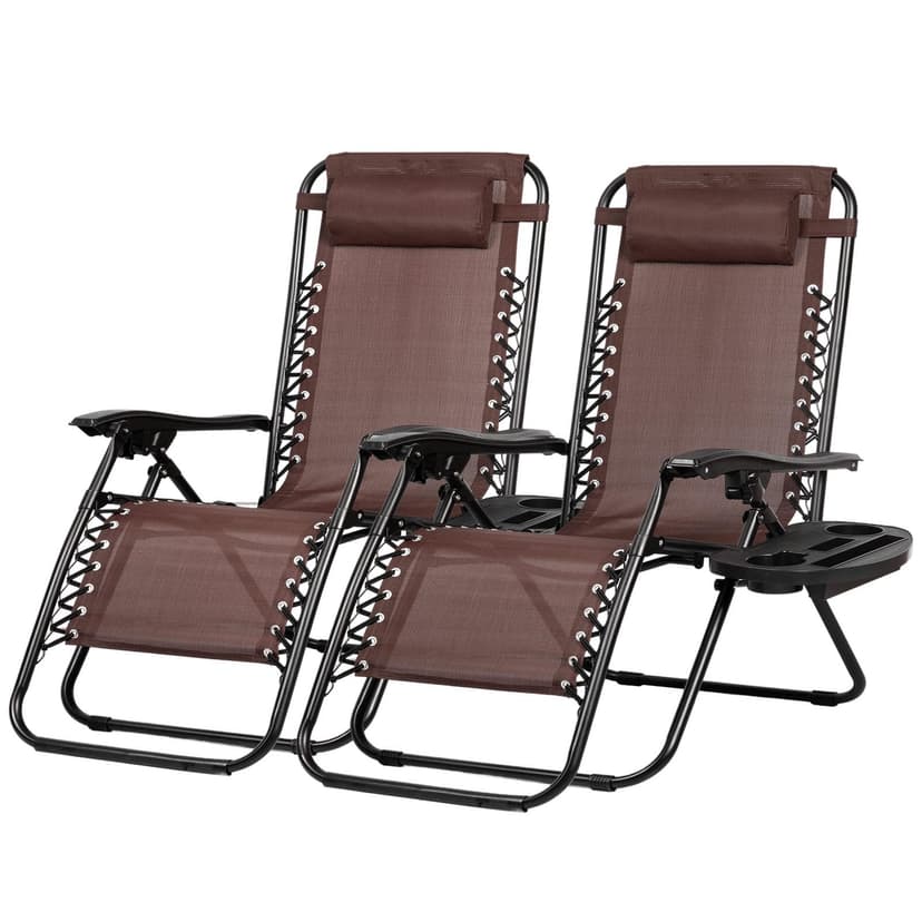 Nazhura Set of 2 Relaxing Recliners Patio Chairs Adjustable Steel Mesh Zero Gravity Lounge Chair Beach Chairs with Pillow and Cup Holder Khaki (Brown)