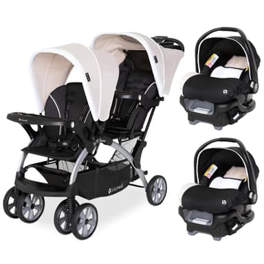 Baby Trend Infant and Toddler Double Stroller & 2 Car Seat Combo, 3 Pc Set, Khaki - Portable and Lightweight Stroller Duo and Car Seat Travel System Tandem