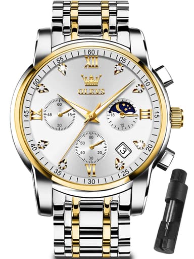 OLEVS Silver Watches for Men Gold and White Mens Watch Big Face Chronograph Diamond Two Tone Luxury Stainless Steel Analog Quartz Men's Wrist Watches Date Classic Waterproof Man Watch Multi-Function