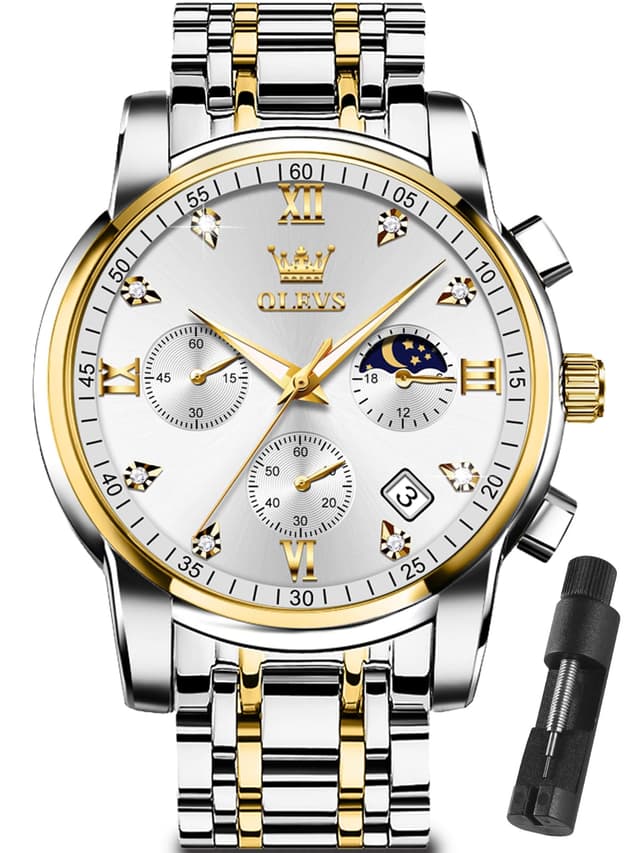 OLEVS Silver Watches for Men Gold and White Mens Watch Big Face Chronograph Diamond Two Tone Luxury Stainless Steel Analog Quartz Men's Wrist Watches Date Classic Waterproof Man Watch Multi-Function
