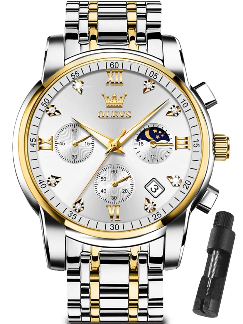 OLEVS Silver Watches for Men Gold and White Mens Watch Big Face Chronograph Diamond Two Tone Luxury Stainless Steel Analog Quartz Men's Wrist Watches Date Classic Waterproof Man Watch Multi-Function