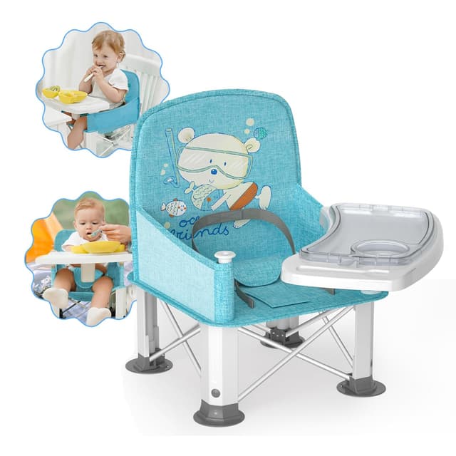 Baby Travel Booster Seat with Double Tray, BabyBond Upgraded Toddler Portable Baby Chair, Booster Seat for Dining Table, Stable and Foldable Booster Baby Chair for Indoor/Outdoor (Blue Sea World)