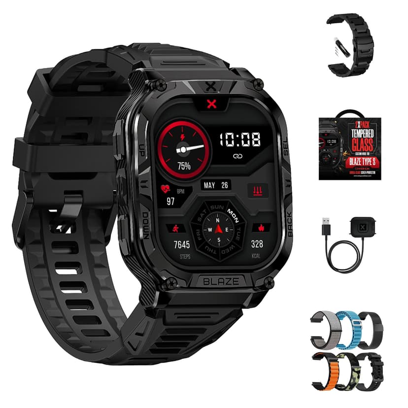 CARBINOX Blaze Smart Watch with GPS (Sport Mode), Fitness Tracker Waterproof IP69K, Compatible with Android and iOS, 170+ Sports Modes, Make/Receive Calls (Square Ultimate Pack)