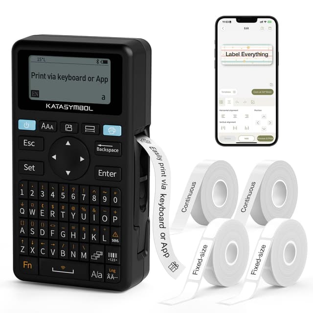 SUPVAN E11 Bluetooth Label Maker Machine with 4 Tapes, Support Keyboard & App with 30+ Fonts and 660+ Icons, Rechargeable Inkless Labeler for Home, Kitchen, Office, School, Organization, Black