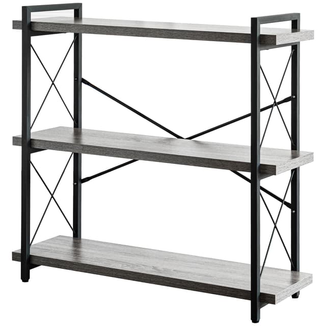 HCHQHS Bookshelf, 3-Tier Industrial Bookcase, Rustic Open Book Shelf, Freestanding Horizontal Bookshelves with Metal Frame