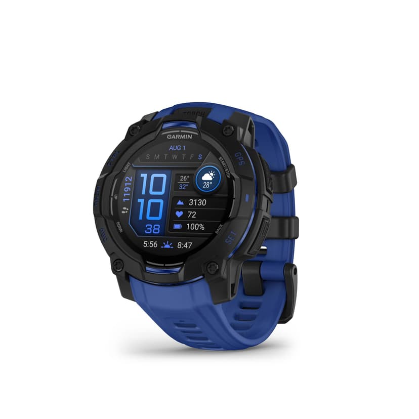 Garmin Instinct® 3 – 45 mm, AMOLED Display, Rugged Outdoor GPS Smartwatch, Built-in Flashlight, Supernova Collection Limited Edition Color, Black with Bolt Blue/Black Silicone Band