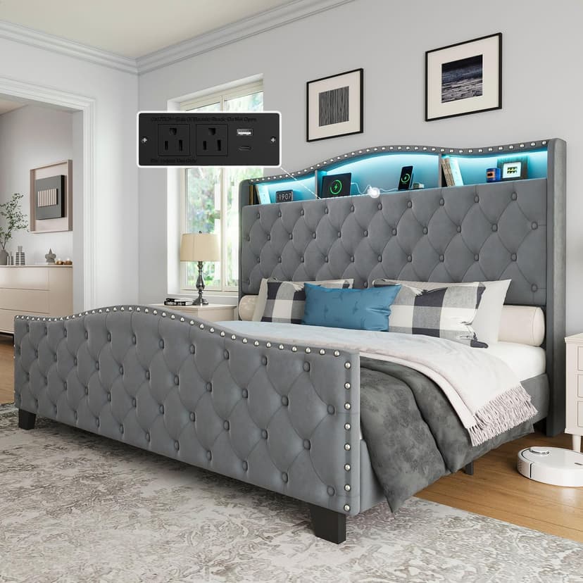 Belffin King Size Bed Frame and Headboard, 50.9" Velvet Upholstered Wingback Bedframe with LED Lights & Storage/Charging Station, Button Tufted Tall Footboard, No Box Spring Needed, Noise-Free, Grey