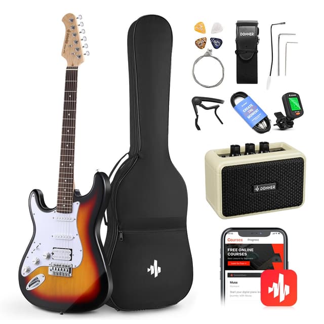 Donner 39 Inch Left-Handed Electric Guitar Kit Solid Body Sunburst Lefty Beginner Set Full-Size with Amplifier Online Lesson Bag Digital Tuner Capo Strap String Cable Picks DST-100SL