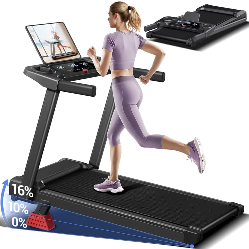 16% Incline Treadmill with Handle, 3-in-1 Portable Treadmills for Home and Office, Foldable Treadmills with 300 Lbs Weight Capacity, 3.0HP Quiet Walking Pad Treadmill, Three Screen