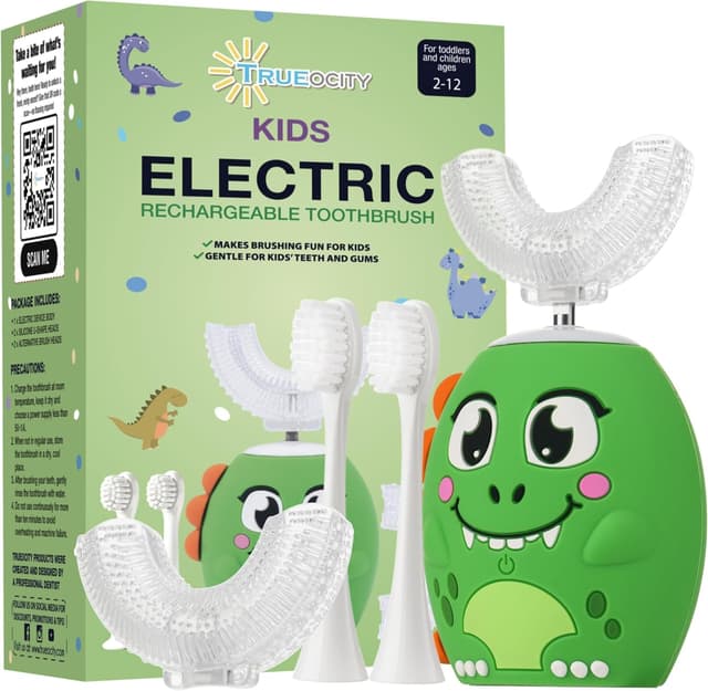 Trueocity Kids U Shape Toothbrush Auto Electric Toddler Rechargeable Kids Automatic Toothbrush | 360° U-Shaped Silicone Brush Head | Gentle Cleaning for Ages 2–7 | Dinosaur Design (Green)