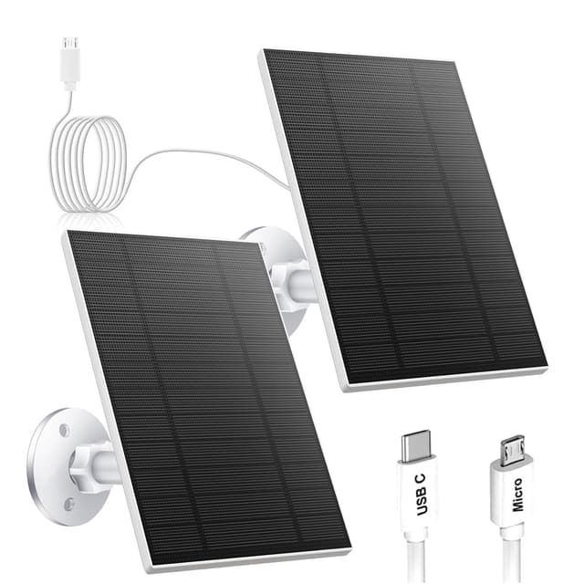 5W Solar Panel for Security Camera, Solar Panel with Micro USB & USB-C Port for DC 5V Outdoor Rechargeable Battery Camera, IP65 Waterproof, 360° Adjustable Security Mount, 9.8ft Cable(White 2PC)