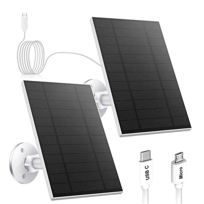 5W Solar Panel for Security Camera, Solar Panel with Micro USB & USB-C Port for DC 5V Outdoor Rechargeable Battery Camera, IP65 Waterproof, 360° Adjustable Security Mount, 9.8ft Cable(White 2PC)